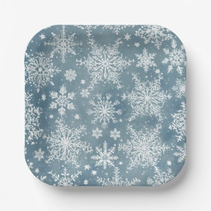 Blue Snowflakes Watercolor Winter Holiday Paper Plate