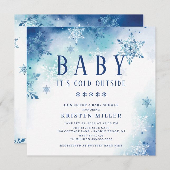 Blue Snowflakes Winter Boys Baby Shower Invitation (Front/Back)