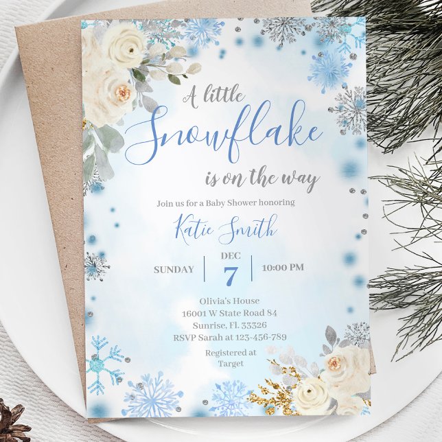 Blue Snowflakes Winter On The Way Baby Shower   Invitation (Creator Uploaded)