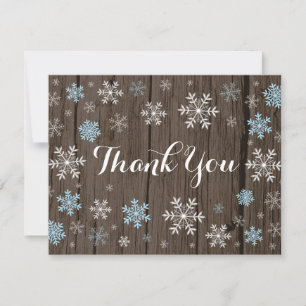 Blue Snowflakes Winter Rustic Wood Thank You Card
