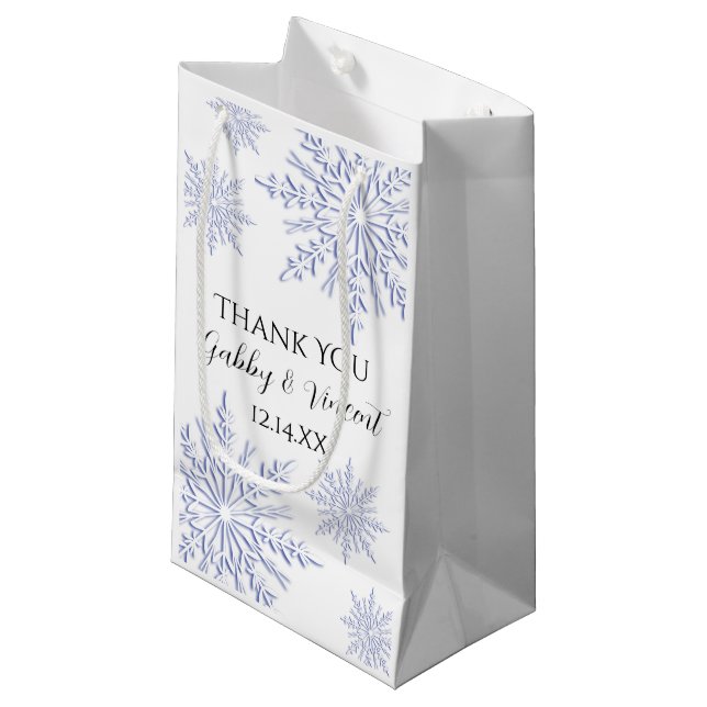 Blue Snowflakes Winter Wedding Thank You Small Gift Bag (Front Angled)