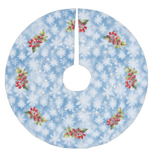 Blue Snowflakes with Red Berries & Stars Christmas Brushed Polyester Tree Skirt