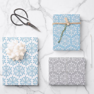 Blue Snowflakes Wrapping Paper Flat Sheet Set of 3