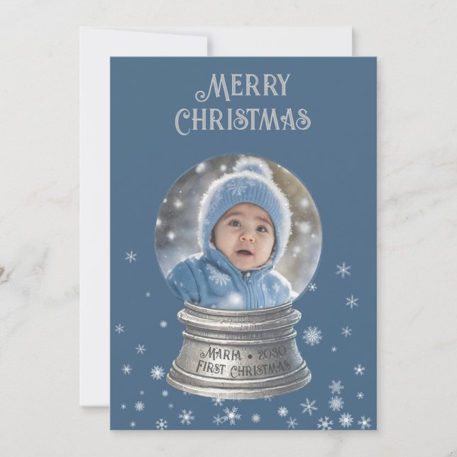 Blue Snowglobe Snowflake Photo Flat Holiday Card (Front)