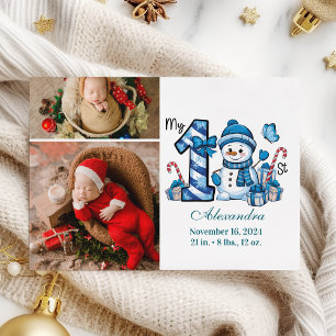 Blue Snowman 2 Photo  First Christmas Holiday Card