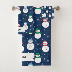 Blue Snowman Christmas Pattern with Name Bath Towel Set