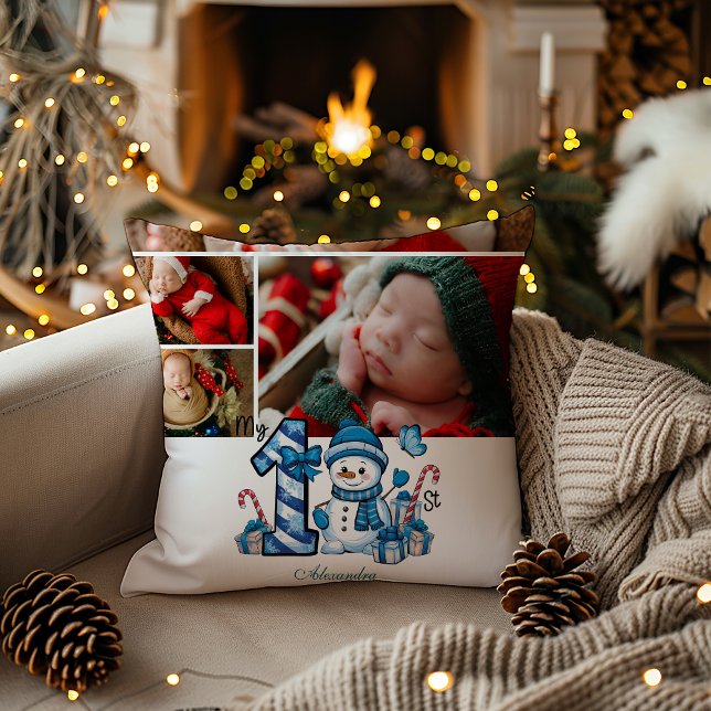 Blue Snowman First Christmas Throw Pillow (Creator Uploaded)