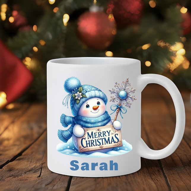  Blue Snowman Merry Christmas Sign Coffee Mug (Blue Snowman Merry Christmas Sign Coffee Mug)