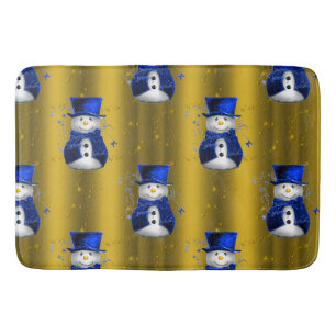 Blue Snowman on Gold Christmas Bath Mat