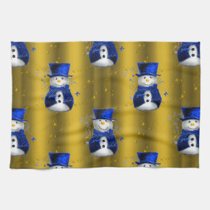 Blue Snowman on Gold Christmas Kitchen Towel