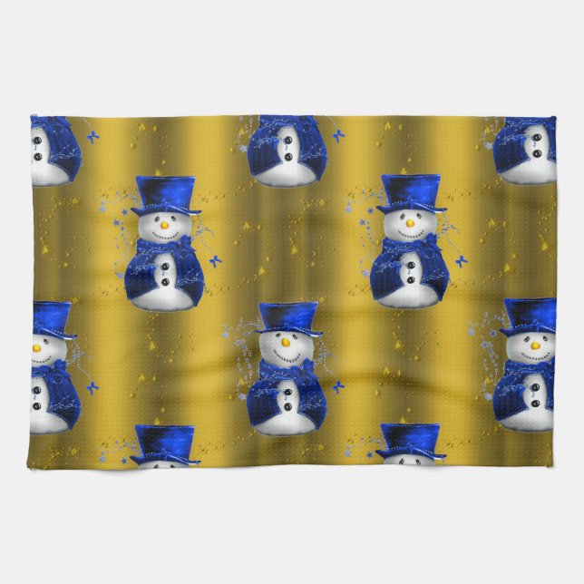 Blue Snowman on Gold Christmas Kitchen Towel (Horizontal)