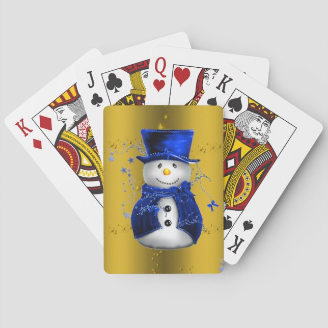 Blue Snowman on Gold Christmas Playing Cards (Back)