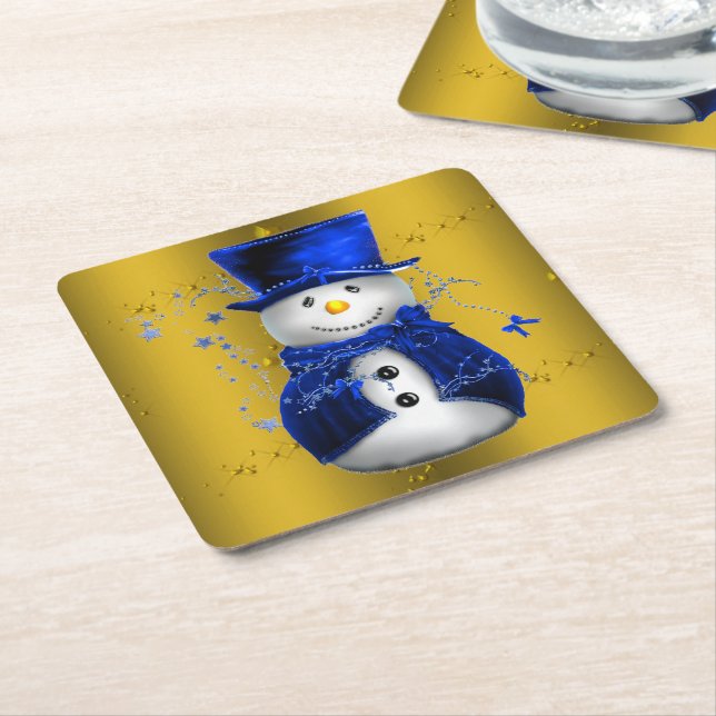 Blue Snowman on Gold Christmas Square Paper Coaster (Angled)