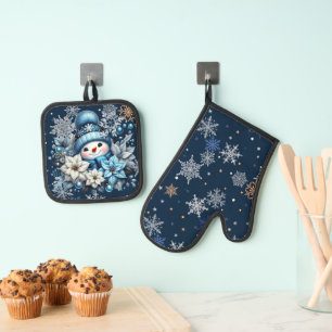 Blue Snowman Oven Mitt and Pot Holders Oven Mitt & Pot Holder Set
