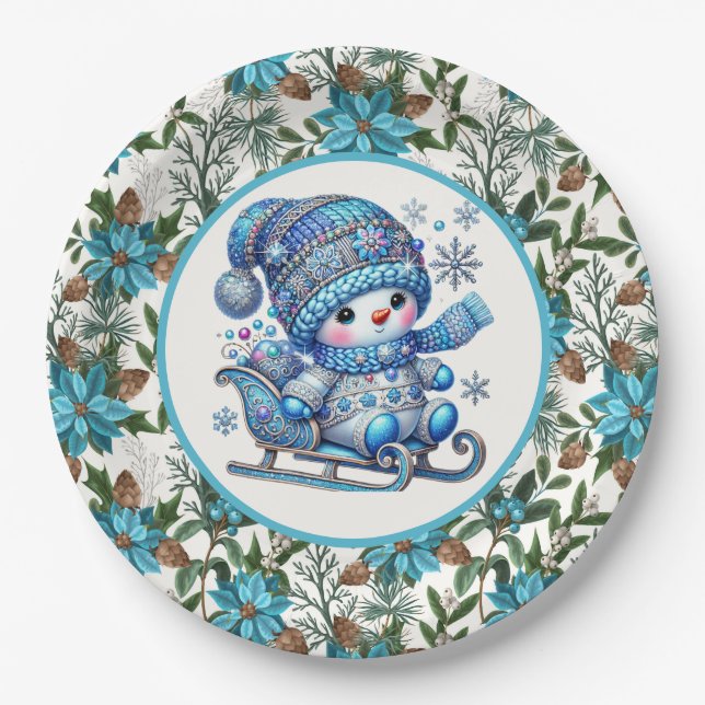 Blue Snowman Paper Plate (Front)