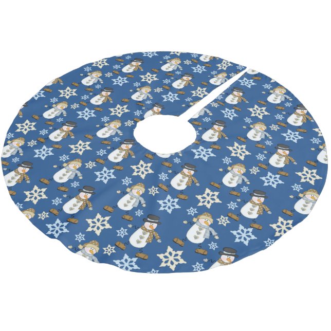Blue Snowman Snowflake Pattern Brushed Polyester Tree Skirt (Angled)