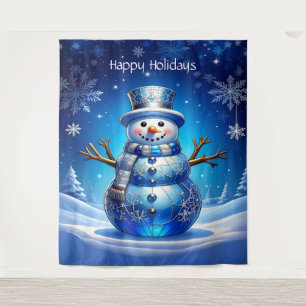 Blue Snowman Snowflakes Holiday Backdrop Tapestry