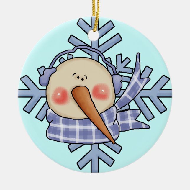 Blue Snowman Snowflakes Holiday Ornament (Front)