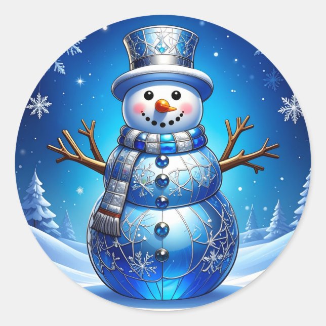 Blue Snowman Snowflakes Holiday Sticker (Front)