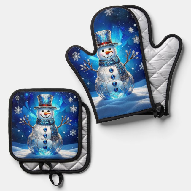 Blue Snowman Snowflakes Oven Mitt & Pot Holder Set (Front/Back)