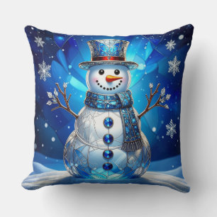 Blue Snowman Snowflakes Throw Pillow