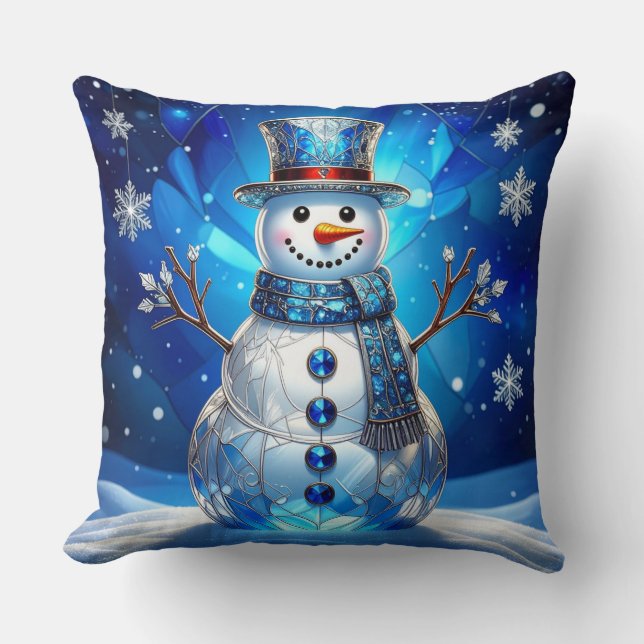 Blue Snowman Snowflakes Throw Pillow (Front)