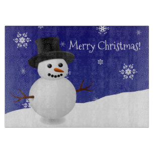 Blue Snowman Winter Scene Christmas Cutting Board