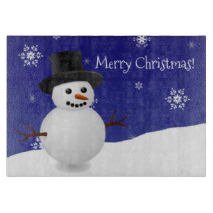 Blue Snowman Winter Scene Christmas Cutting Board