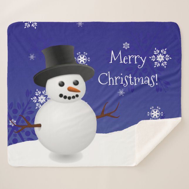 Blue Snowman Winter Scene Christmas Sherpa Blanket (Front (Horizontal))