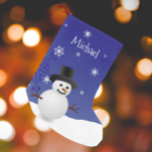 Blue Snowman Winter Scene Christmas Stocking<br><div class="desc">Add a whimsical touch to your mantle this holiday season with a personalized Blue Snowman Winter Scene Christmas Stocking. Stocking design features a happy snowman in a snowy wintry scene against a royal blue background adorned with matching colour snowflakes. Additional gift and holiday items available with this design as well....</div>