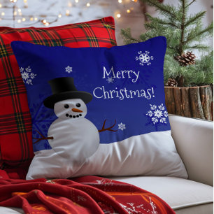 Blue Snowman Winter Scene Christmas Throw Pillow