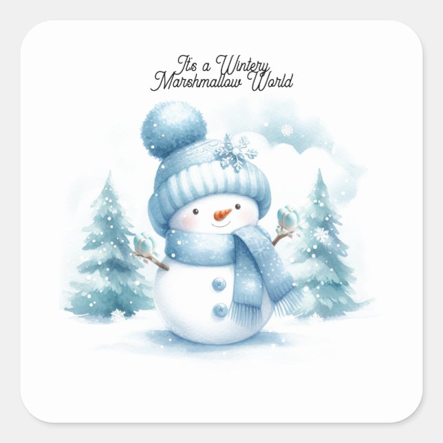 Blue Snowman Wintery Marshmallow World  Square Sticker (Front)