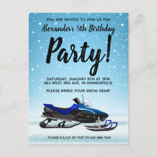 Blue Snowmobile Winter Birthday Party Postcard