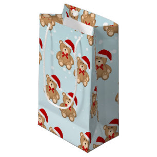 Blue Snowy Christmas Teddy Bear Wearing Santa Hat Small Gift Bag