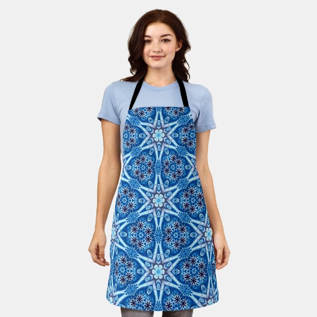 Blue snowy floral pattern apron (Worn)