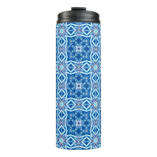 Blue snowy floral square tile pattern thermal tumbler