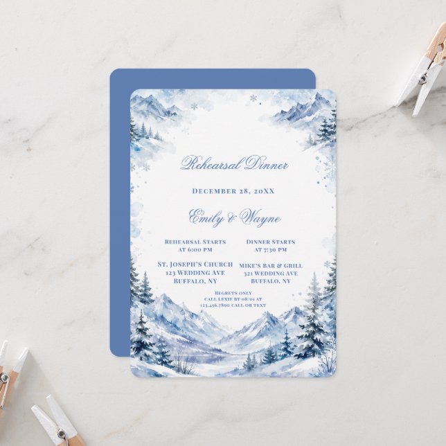 Blue Snowy Mountains Rehearsal Dinner Invitation (Front/Back In Situ)