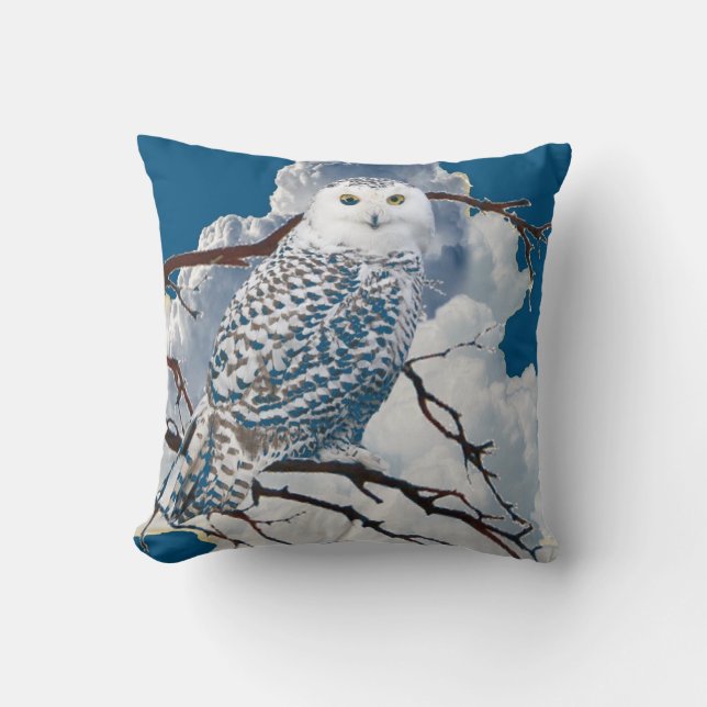 BLUE SNOWY OWL IN TREE ART THROW PILLOW (Front)