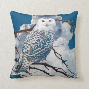 BLUE SNOWY OWL IN TREE ART THROW PILLOW