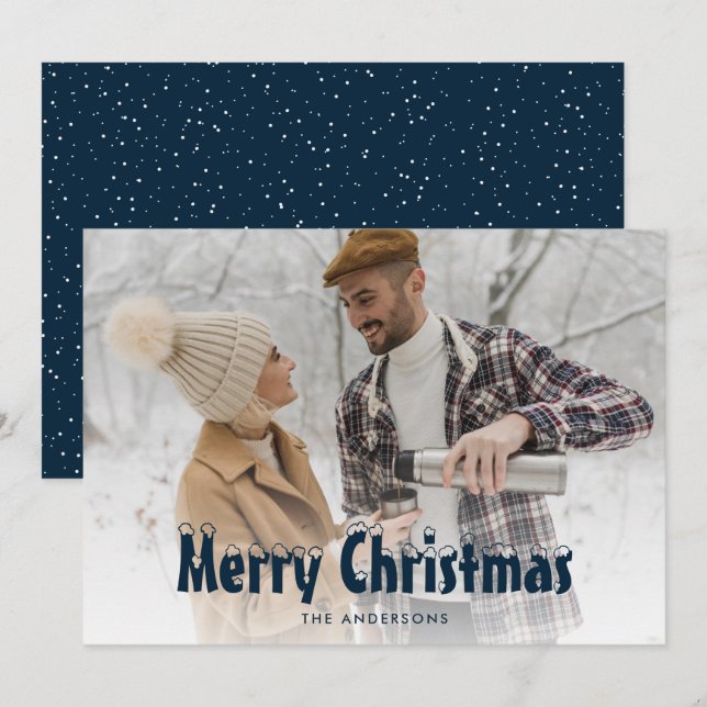 Blue Snowy Photo Merry Christmas Cards (Front/Back)