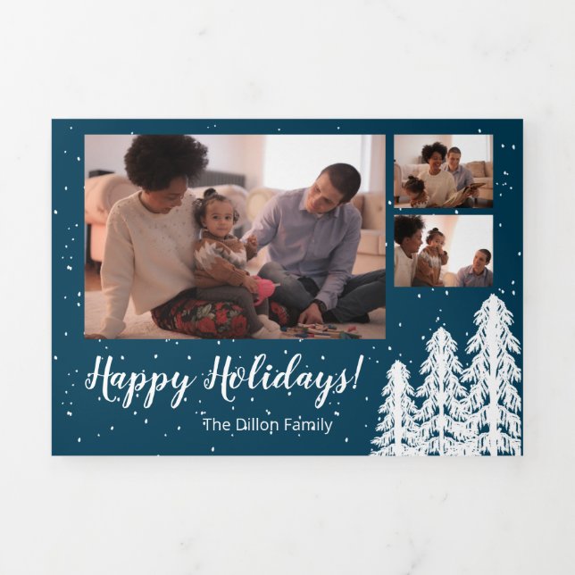 Blue Snowy Pine Tree 5-Photo Holiday Tri-Fold Holiday Card (Cover)
