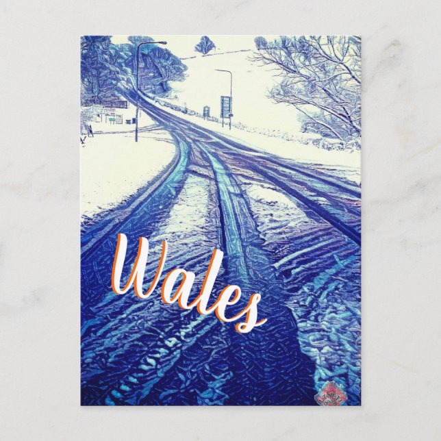 Blue Snowy Winter road in Wales Postcard (Front)