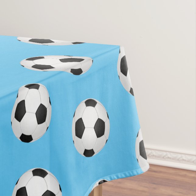 Blue Soccer Balls Kids Birthday Party Tablecloth (In Situ)