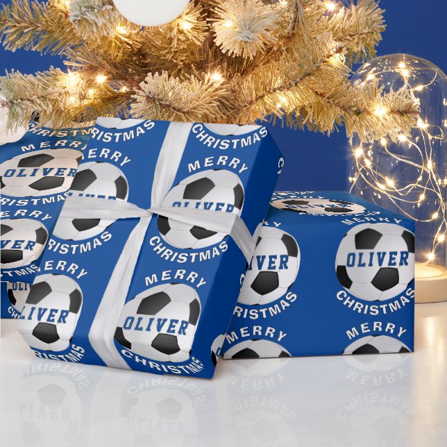 Blue Soccer Football Balls Kids Name Christmas Wrapping Paper (Holidays)