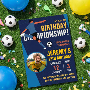 Blue Soccer Kids Birthday Party Invitation