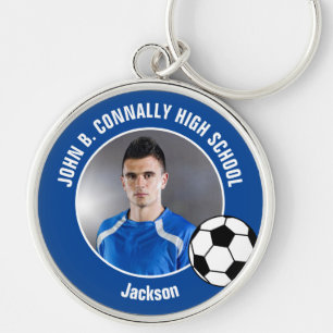 Blue Soccer Player Photo High School Keychain