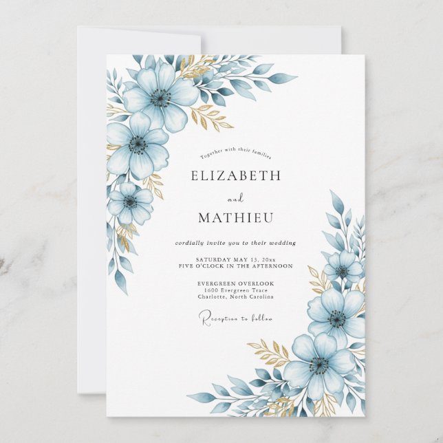 Blue Soft Bloom Botanical Wedding Invitation (Front)