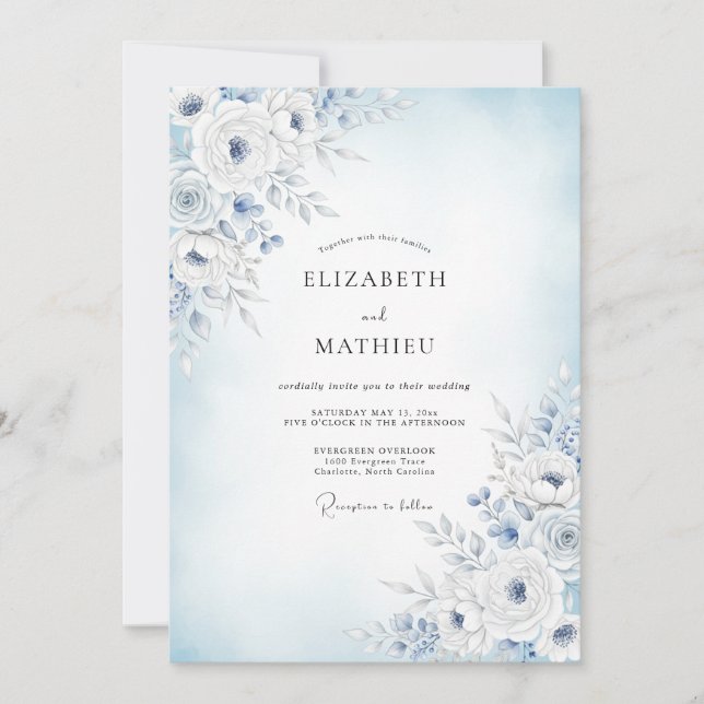 Blue Soft Bloom Wedding Invitation (Front)