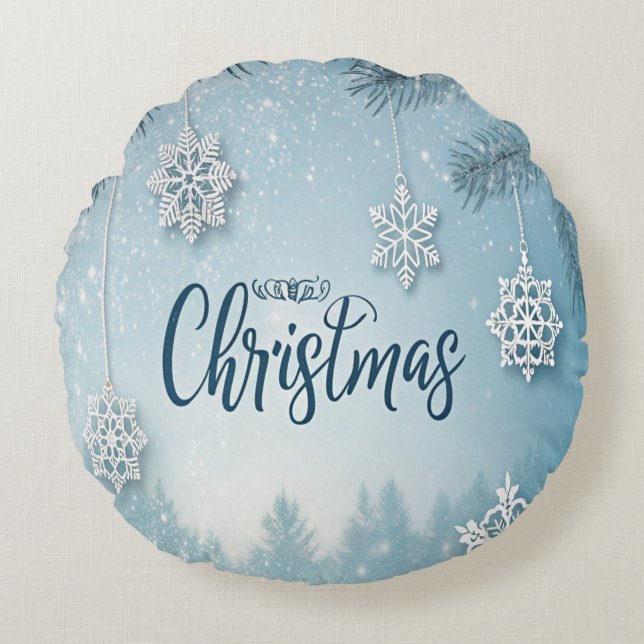 Blue Soft & Calm Christmas Snow Crystal Design-  Round Pillow (Front)