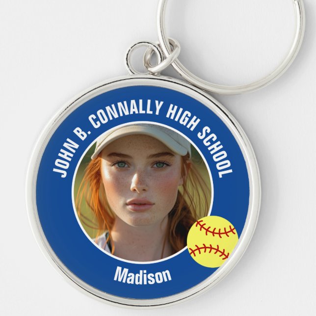 Blue Softball Player Photo High School Keepsake Keychain (Front)